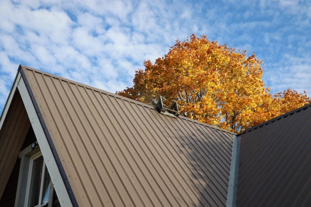 Brown metal roof house under the autmn tree against blue sky .