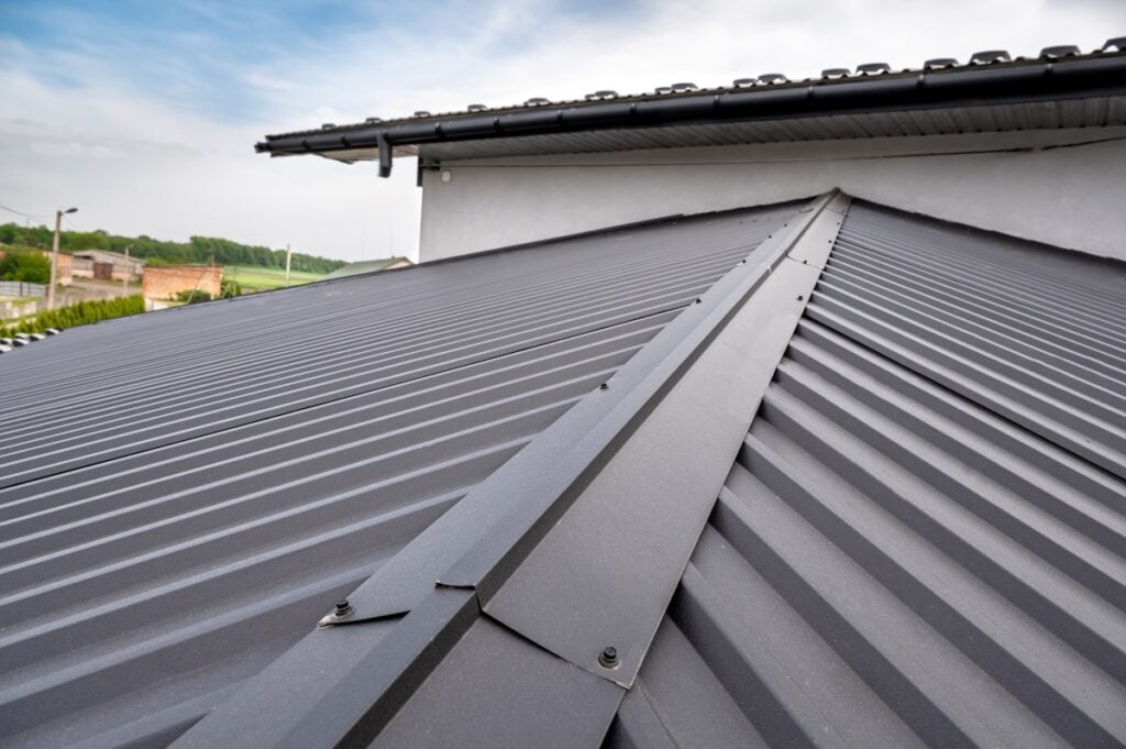 Metal roofing angled view from roof ridge