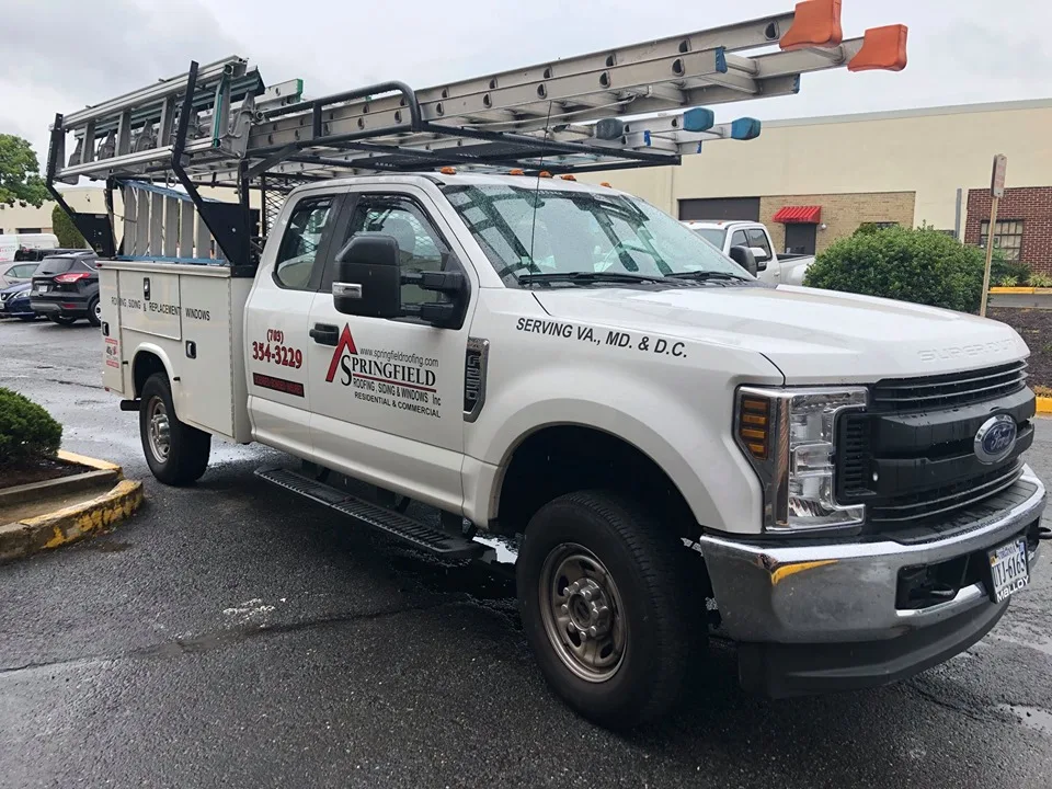 close view of springfield roofing contractor truck with ladder