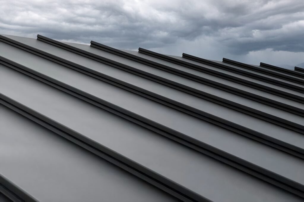 Close-up house retro roof panel with standing seam and fasteners. Classic style black metal panel with rebate joint. Modern galvanized steel roofing sheet with ribs. 