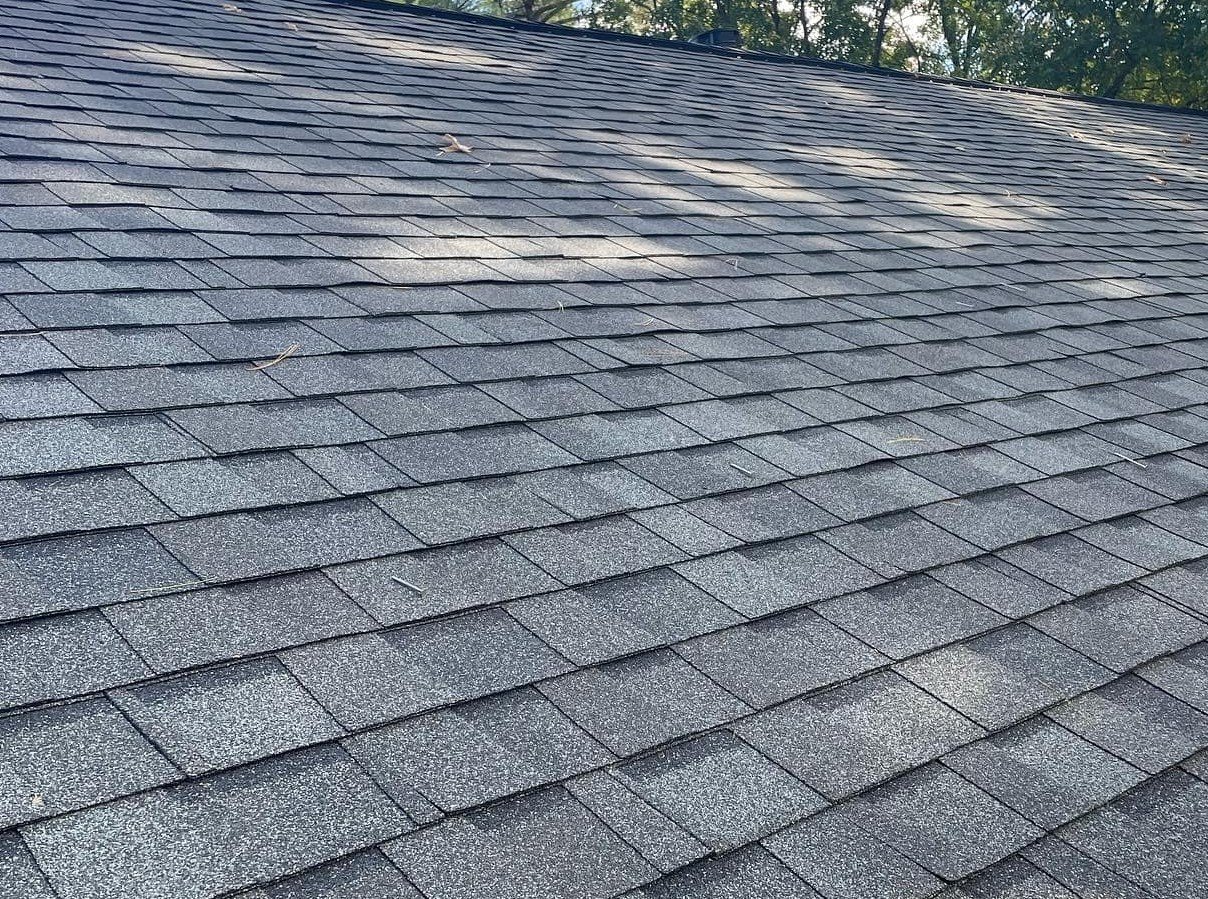 close-up of a grey asphalt shingle roof