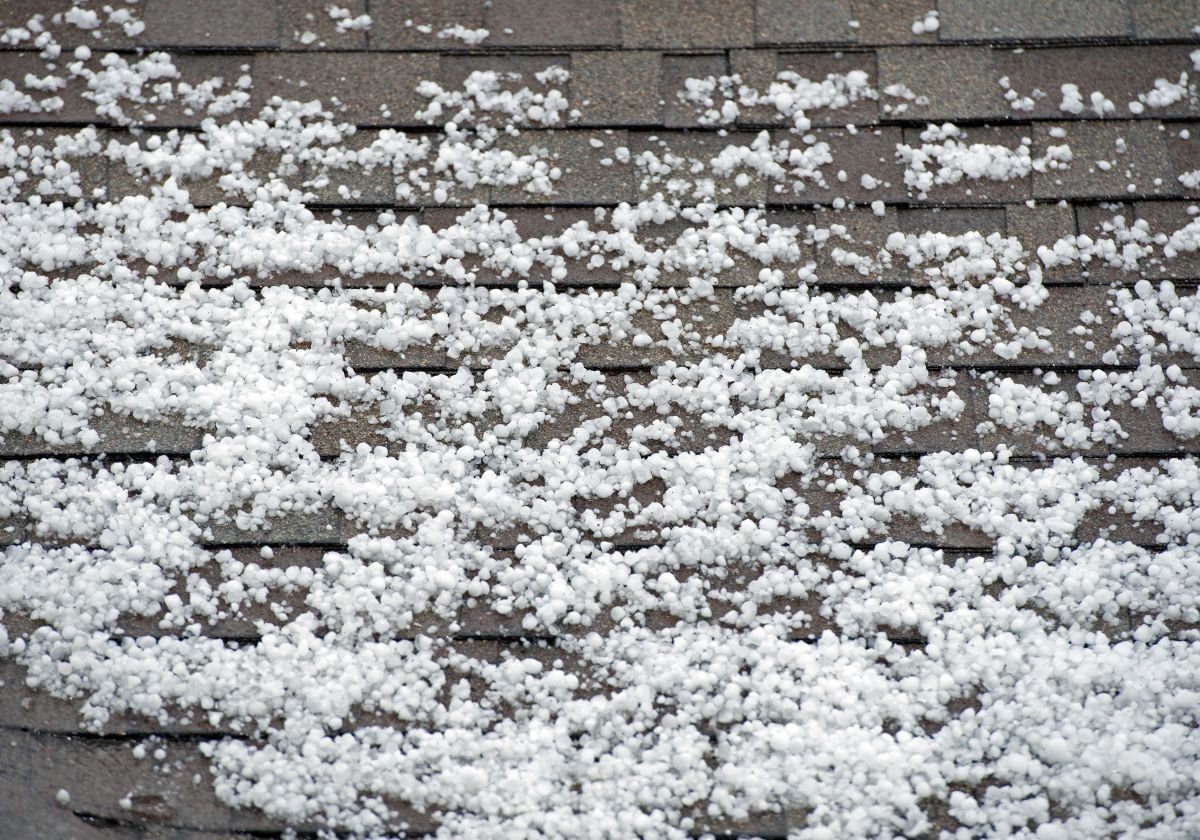 close-up of a shingle roof with hail
