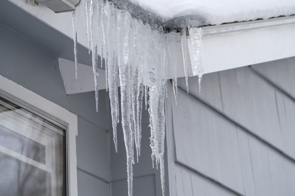 ice on a roof and gutters