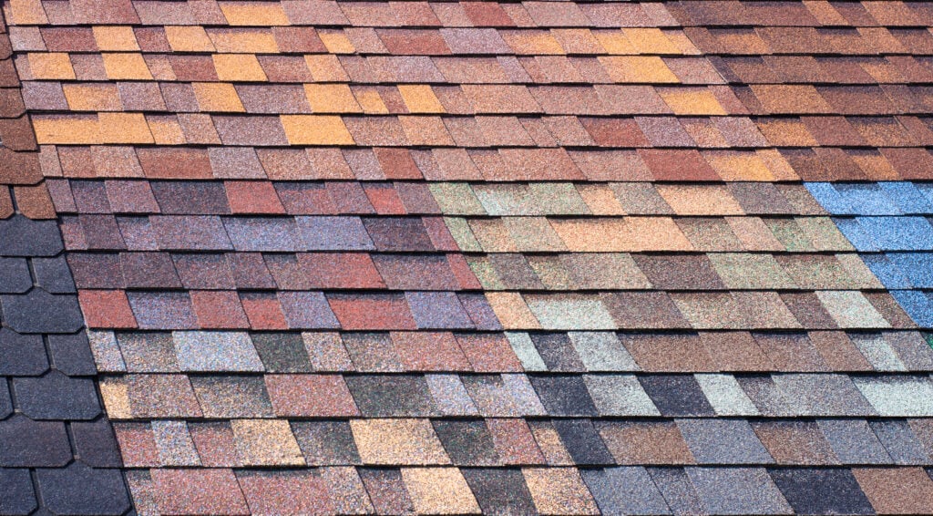 Grid of asphalt shingle color samples in red, tan, and gray tones