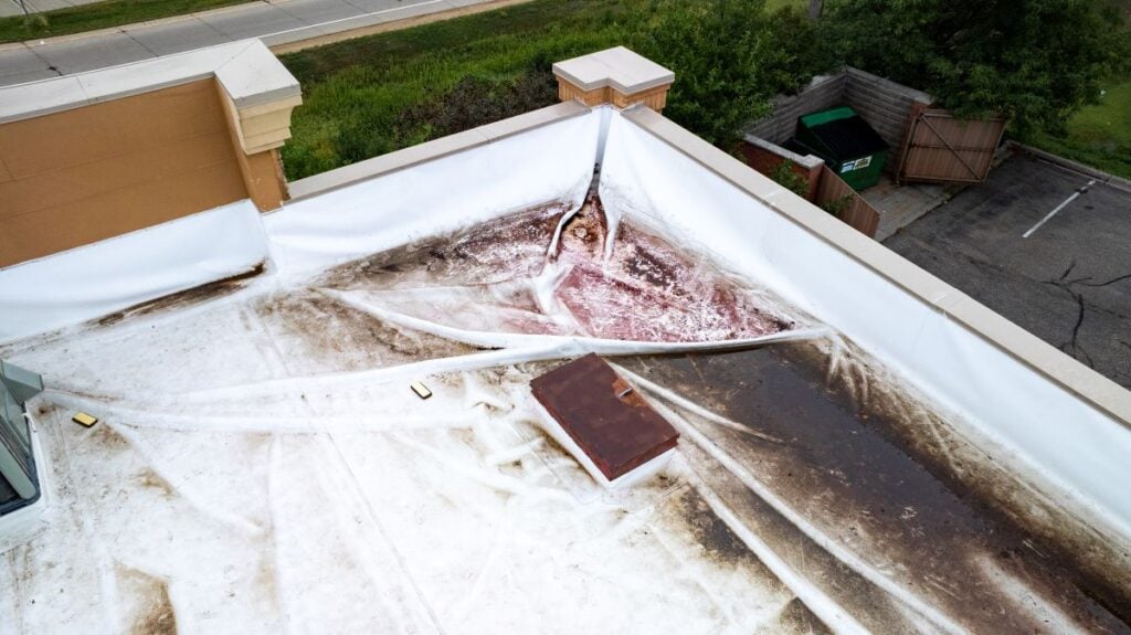 Aerial View of Damaged Commercial Flat Roof with Ponding Water and Stains