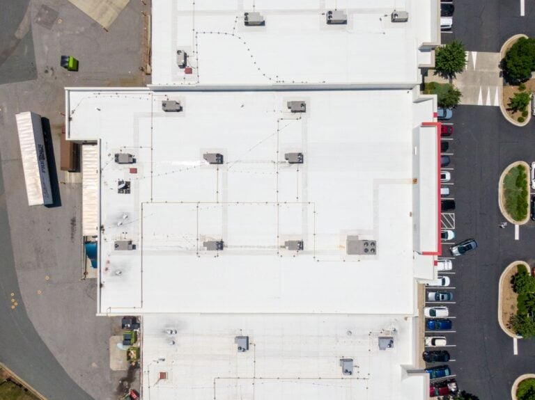 Drone Images of Commercial Roofs Featuring TPO and Asphalt Shingles
