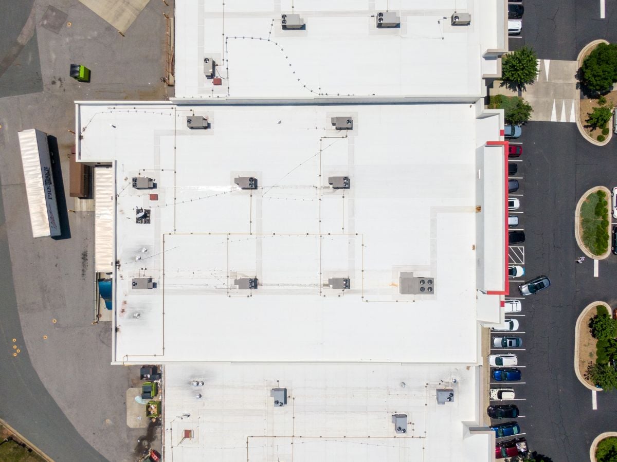 Drone Images of Commercial Roofs Featuring TPO and Asphalt Shingles