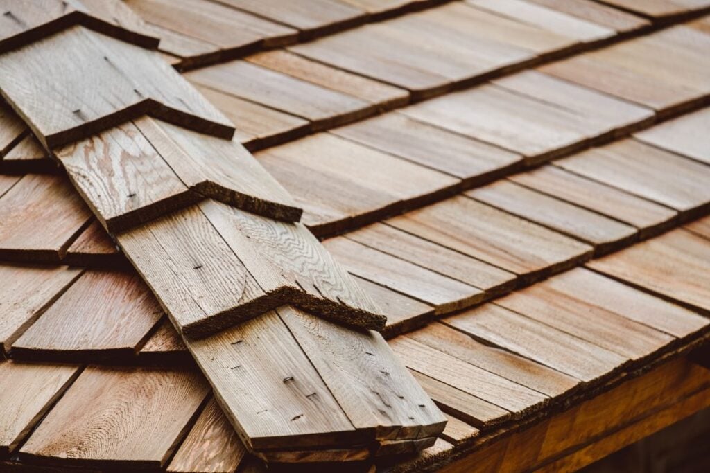 close-up of cedar shake roof tiles