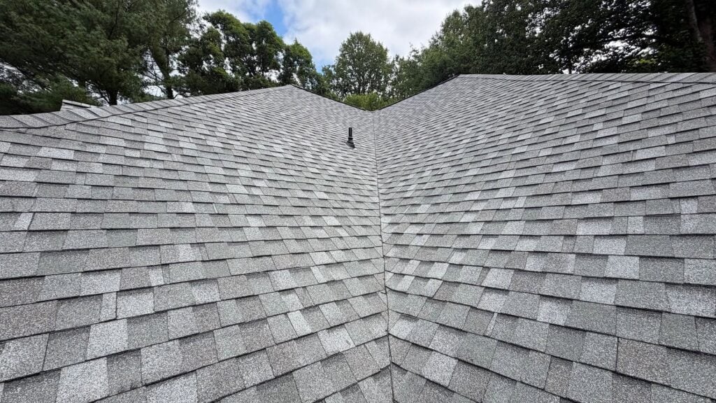 A grey asphalt shingle on a residential house